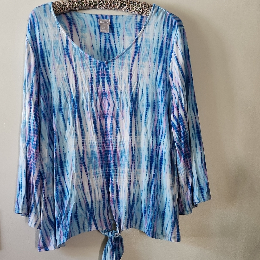 Chico's Blue and White Tie-Dye Long Sleeve Tie-Hem Tunic